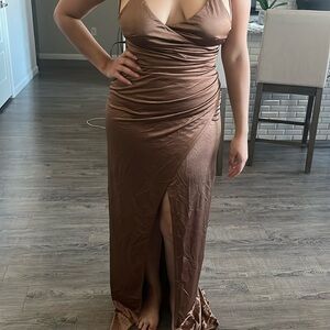 Medium brown silk prom dress with slit in the middle also floor length